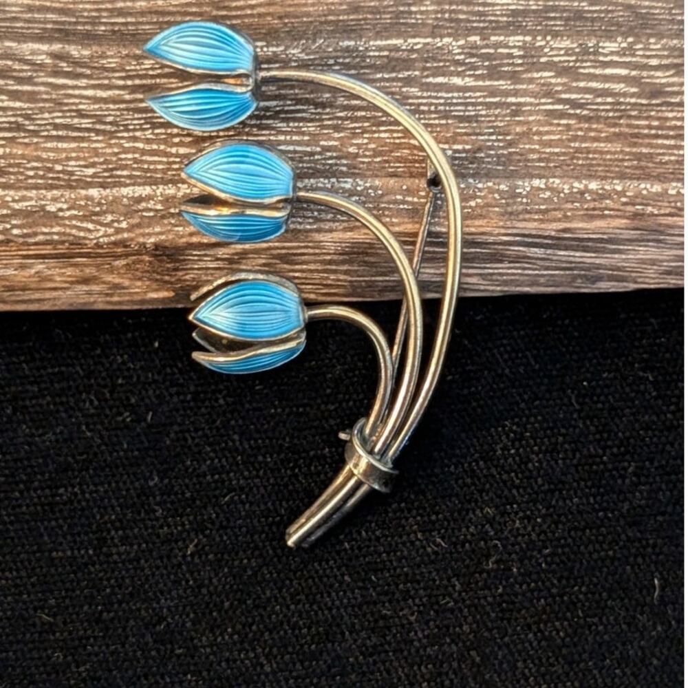VTG Mid Century Norway 925 Silver 3 Blue Lily Of The Valley Enamel Brooch/Pin - Picture 7 of 8